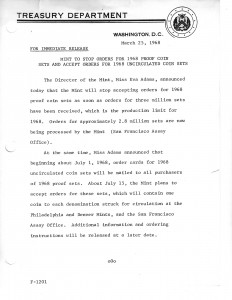 Mint to Stop Orders for 1968 Proof Coin Sets and Accept Orders for 1968 Uncirculated Coin Sets, March 25, 1968. Full text is duplicated in the body of this page.