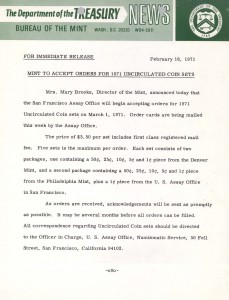 Mint to Accept Orders for 1971 Uncirculated Coin Sets, February 18, 1971. Full text is duplicated in the body of this page.