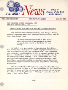 Denver Mint Honored for Record Coin Production, February 2, 1970. Full text is duplicated in the body of this page.