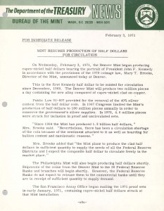 Mint Resumes Production of Half Dollars for Circulation, February 3, 1971. Full text is duplicated in the body of this page.