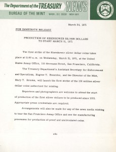 Production of Eisenhower Silver Dollars to Start March 31, 1971. Full text is duplicated in the body of this page.