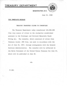 Treasury Transfers Silver to Stockpiles, June 25, 1968. Full text is duplicated in the body of this page.