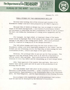 Trial Strike of the Eisenhower Dollar, January 25, 1971. Full text is duplicated in the body of this page.