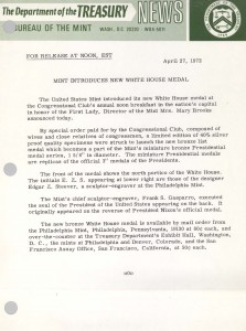 Mint Introduces New White House Medal, April 27, 1972. Full text is duplicated in the body of this page.