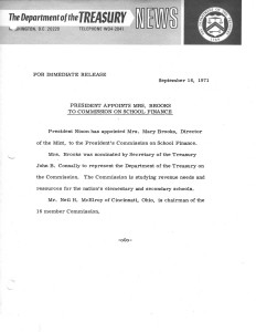President Appoints Mrs. Brooks to Commission on School Finance, September 16, 1971. Full text is duplicated in the body of this page.