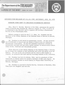 Hoskins Joins Mint to Organize Numismatic Service, August 22, 1970. Full text is duplicated in the body of this page.