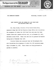 New Director Cuts Off Orders for 1972 Proof Sets and Miniature Penny Bags, December 15, 1971. Full text is duplicated in the body of this page.