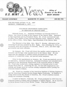 Colorado Professor Takes Oath as Assayer of Denver Mint, February 2, 1970. Full text is duplicated in the body of this page.