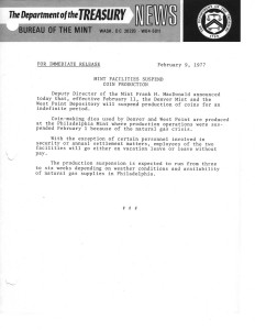 Mint Facilities Suspend Coin Production, February 9, 1977. Full text is duplicated in the body of this page.