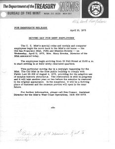 Moving Day for Mint Employees, April 10, 1973. Full text is duplicated in the body of this page.