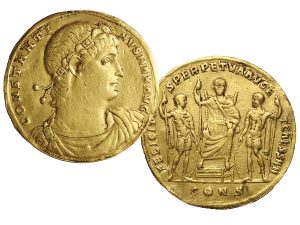 Obverse and reverse of a gold medallion featuring Emperor Constantine