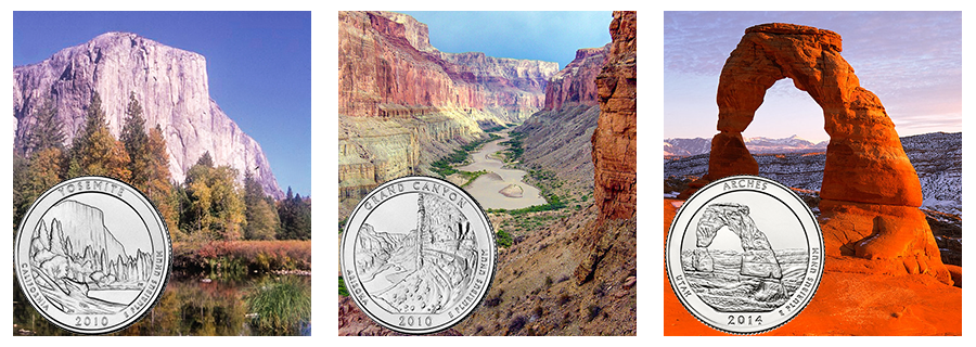 yosemite, grand canyon, arches quarter reverses with the landmarks shown in the coin designs