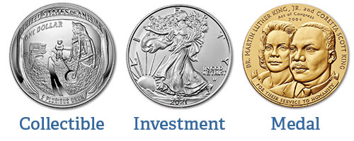 examples of a collectible coin, investment coin, and a medal